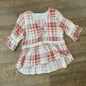 Maurice’s | Pink Plaid Quarter Sleeve Hi-Low Prairie Top